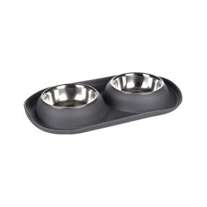 Castron dublu antiderapant din inox pentru caini FLAMINGO grafa dark grey 2x220ml