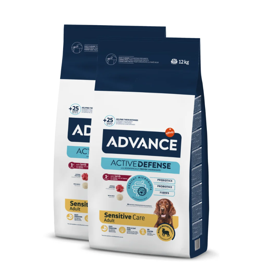 Pachet 2 x Advance Câine Adult Sensitive cu Miel și orez 12 Kg