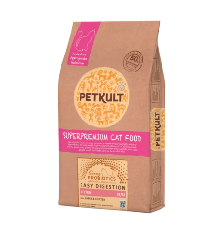 Hrana uscata pentru pisici Petkult Probiotics Kitten 34/22 Miel si pui 7 kg